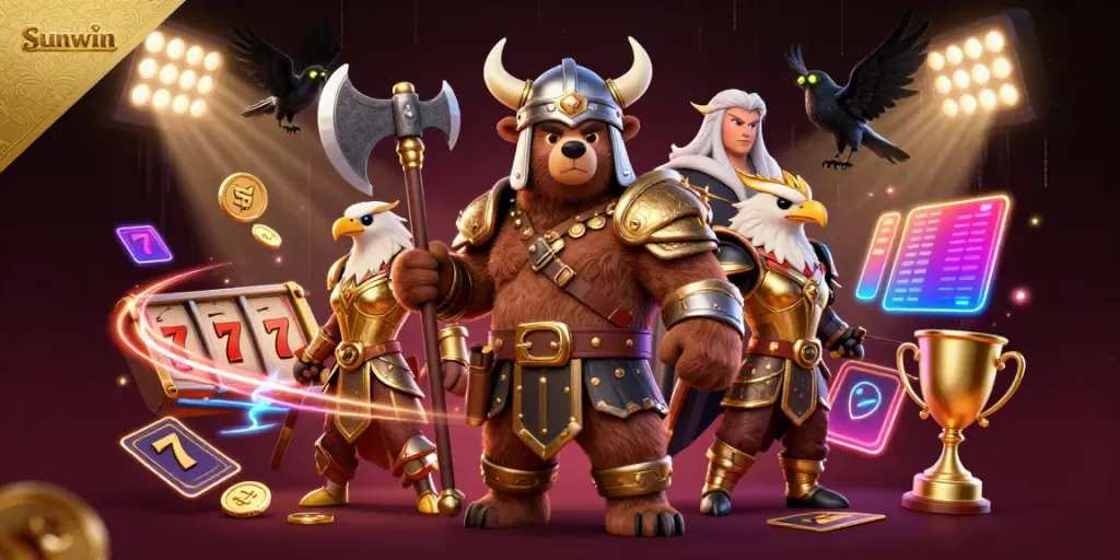 Experience thrilling gaming action with Sunwin featuring dynamic 3D characters and vibrant casino elements.