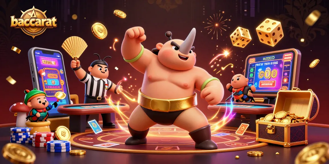 Baccarat table action with a colorful illustration of a sumo beetle champion and a referee cricket amidst flying chips.
