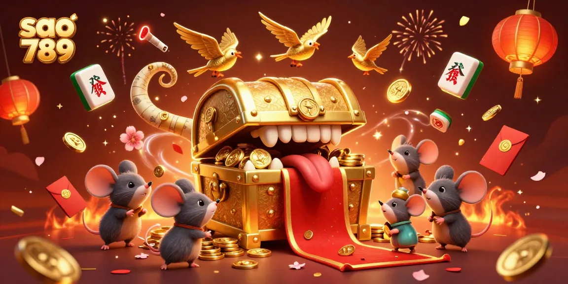 Join the adventure at sao 789 with a mesmerizing treasure chest luring in players amidst rich gambling symbols and fireworks.