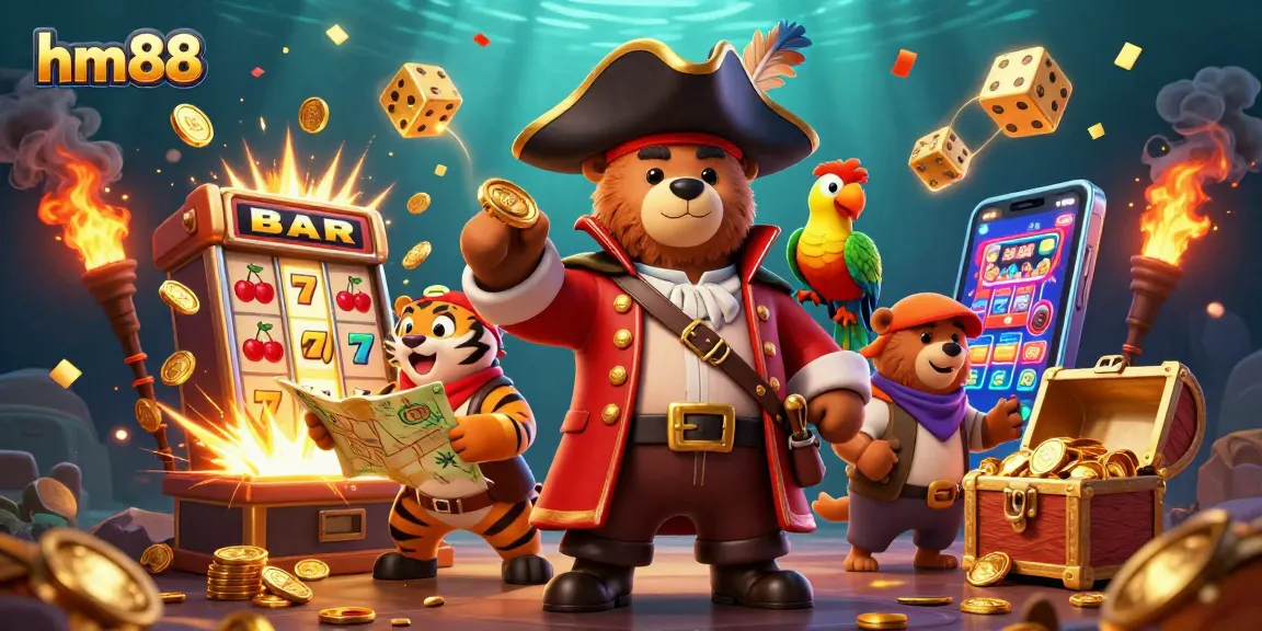 Join the excitement of hm88 as a pirate bear, tiger, and parrot celebrate in a vibrant casino scene.
