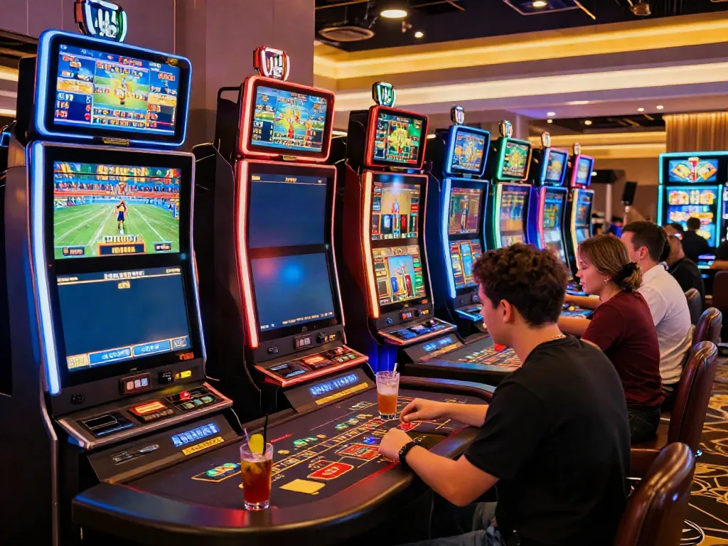 Dynamic online gambling scene at vin88 showcasing players, digital screens, and casino excitement.