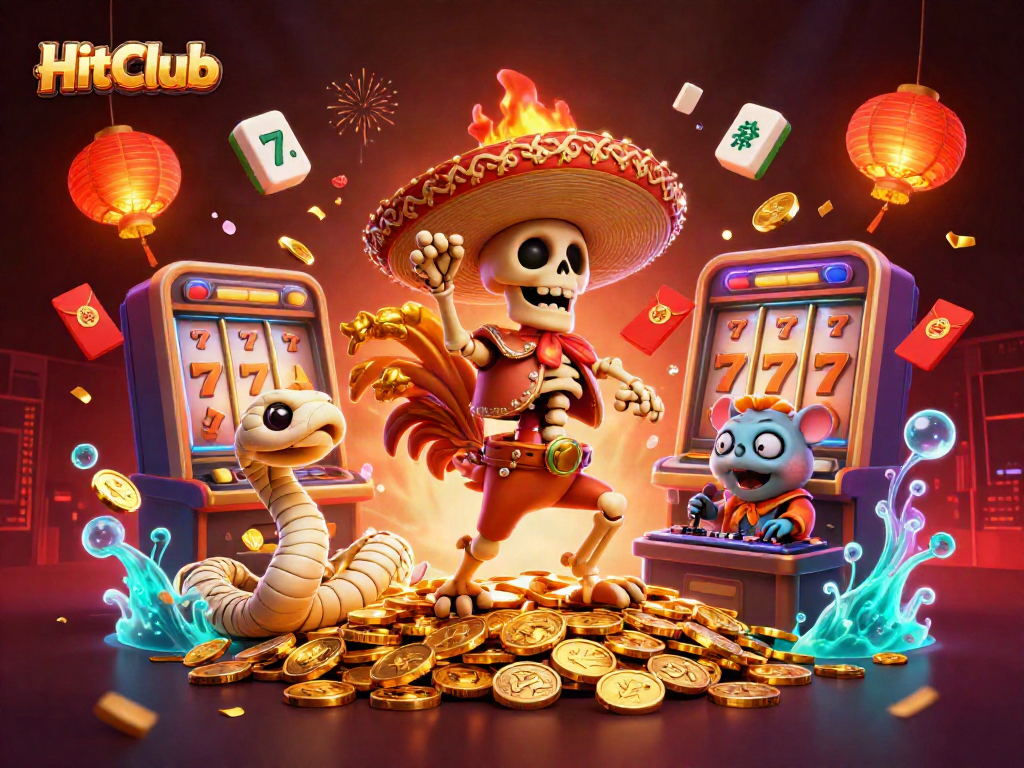 HitClub features a festive scene with vibrant characters and gambling elements celebrating big wins.