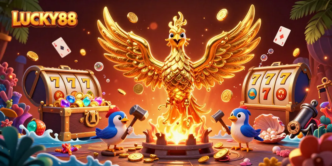 Spin and win big with LUCKY88, featuring a golden phoenix and slot elements in a dynamic casino scene.