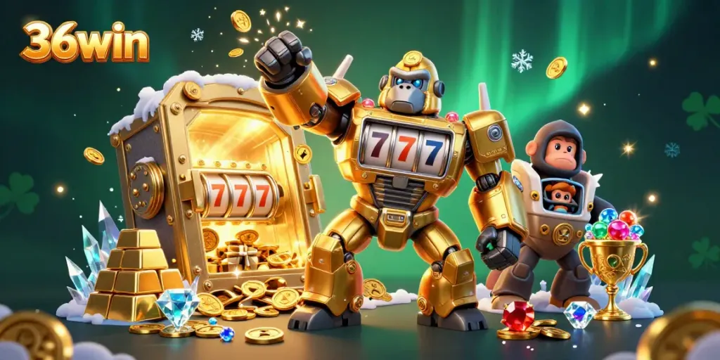 Experience thrilling gameplay at 36win with a vibrant golden gorilla mech bursting with coins amid stunning casino elements.
