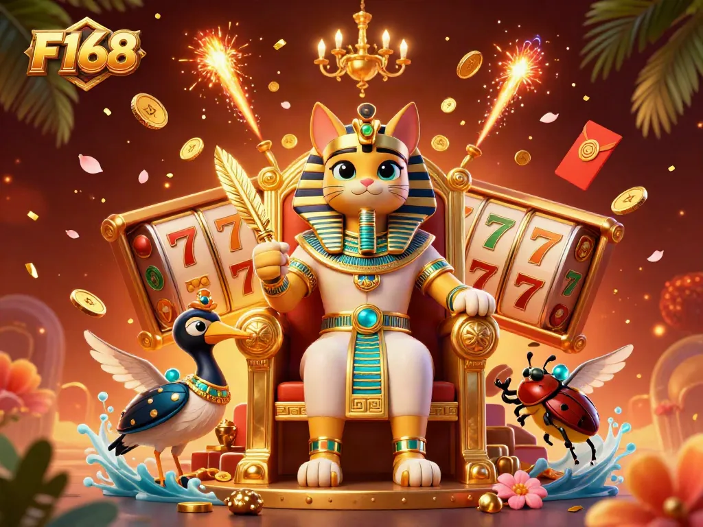 Spin the slots at F168 while enjoying vibrant casino-themed elements in this lively 3D illustration.