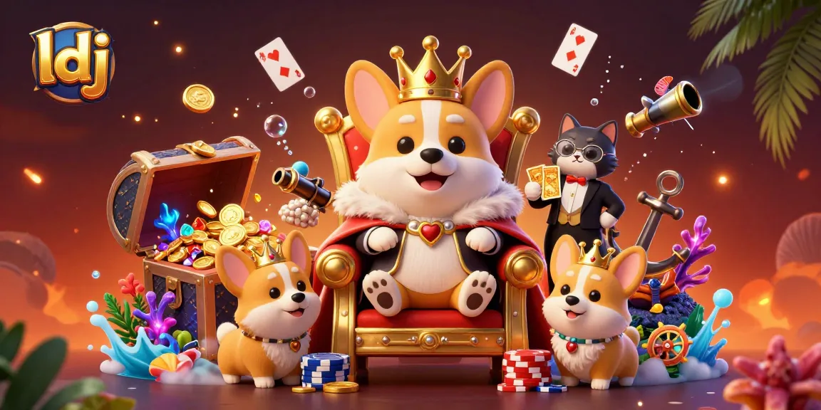 Engage in thrilling games at ldj's vibrant casino scene with a royal corgi and dazzling elements.