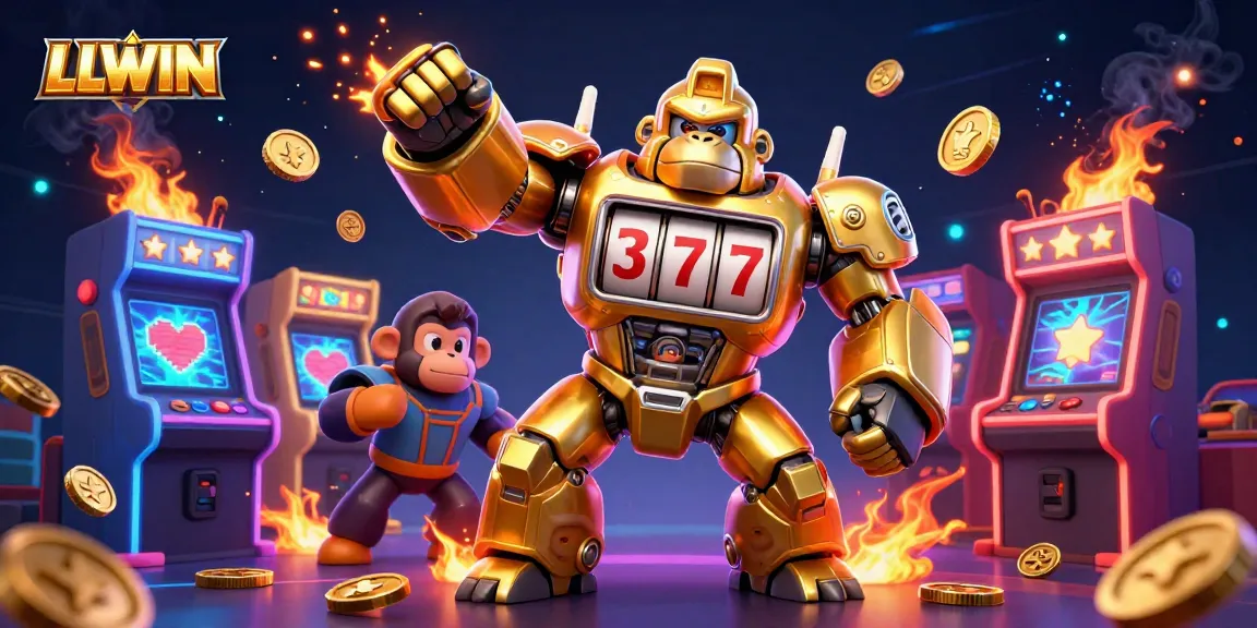 Experience the thrilling LLWIN casino adventure with a golden gorilla mech, arcade games, and dynamic gaming elements.
