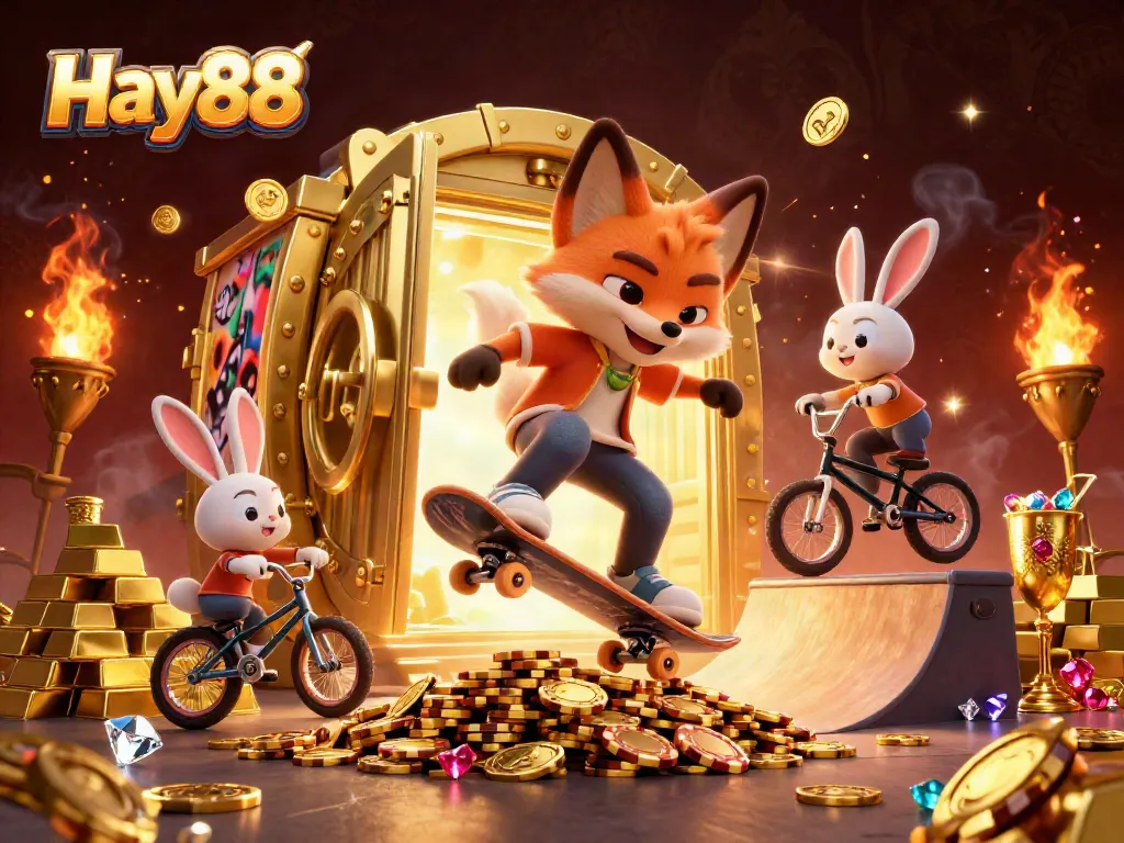 Hay88 gaming experience with a skateboarder fox and BMX rabbit in a vibrant casino scene