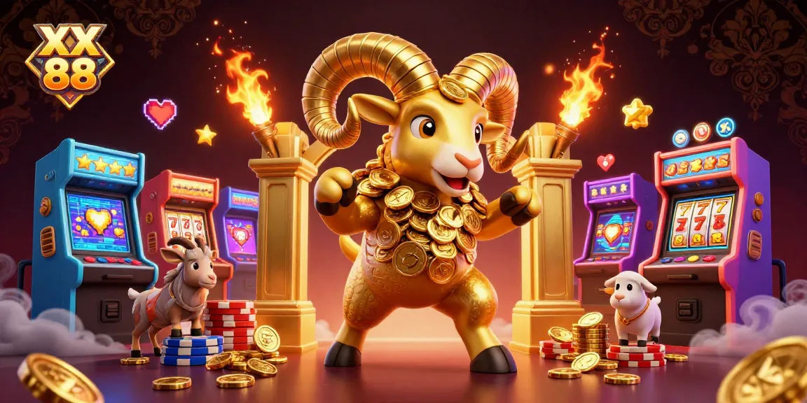 Experience the excitement of XX 88 with dynamic slot elements and a golden ram charging through a casino.
