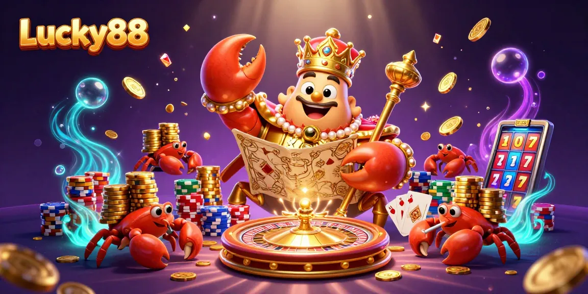 Engage with Lucky88, a vibrant scene featuring a crab emperor and treasure-filled gaming environment.