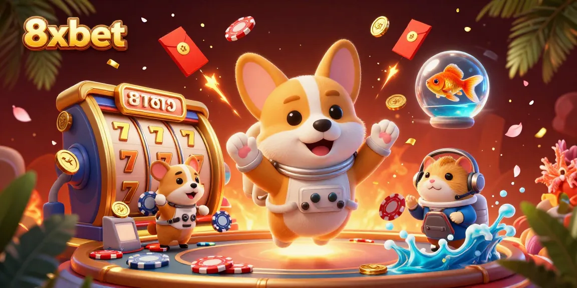 Experience 8xbet's exciting space casino adventure with floating slot reels and cosmic characters!