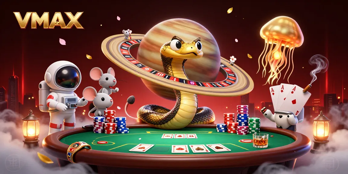 Experience thrilling gaming with VMAX, featuring a cosmic roulette wheel and animated characters.
