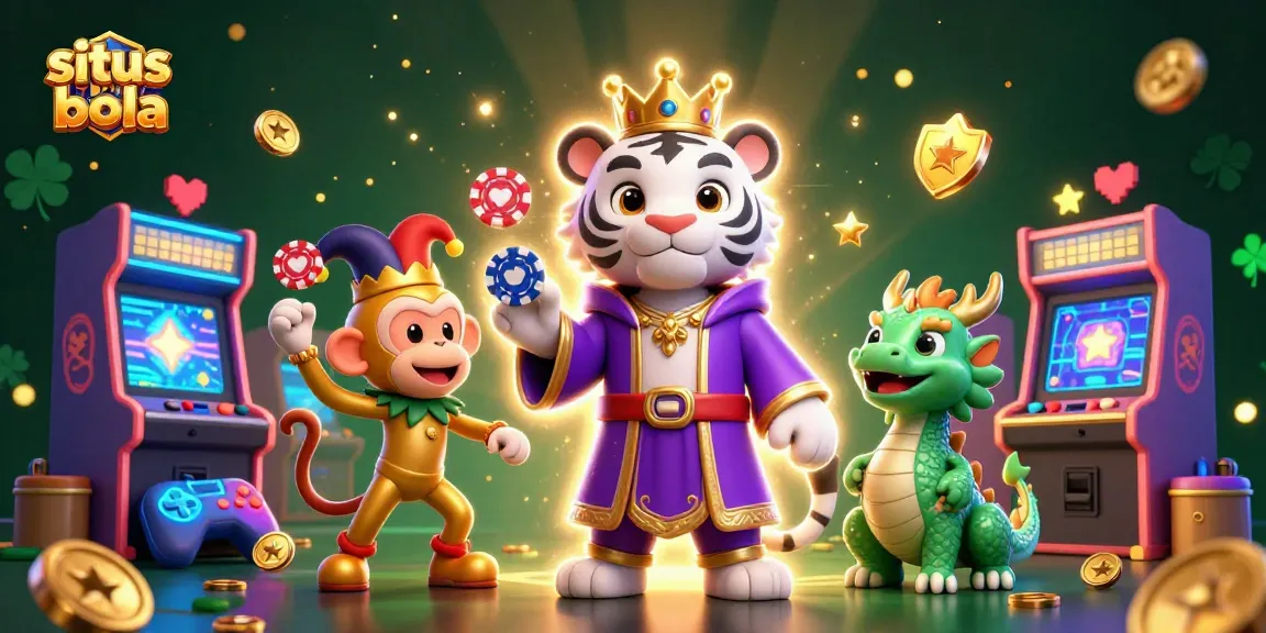 Situs judi bola yang menghidupkan suasana dengan harimau putih, monyet emas, dan patung naga, dikelilingi mesin arcade berkilau.