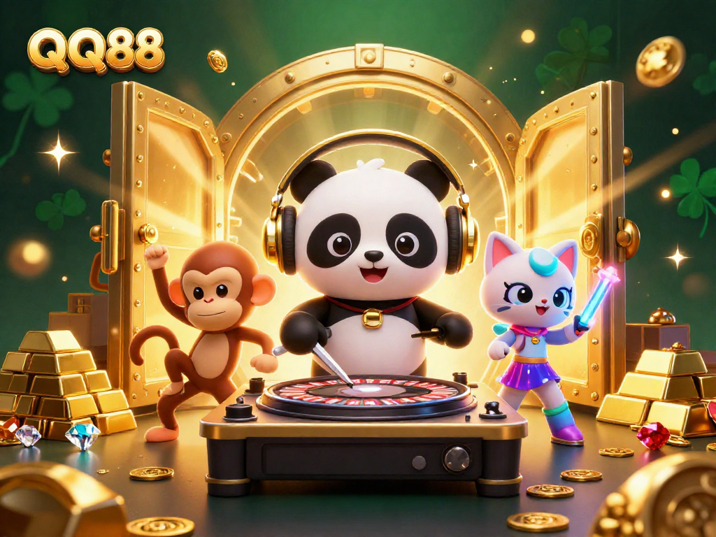 Experience thrilling moments at QQ88 with a vibrant, lively casino atmosphere featuring engaging characters.