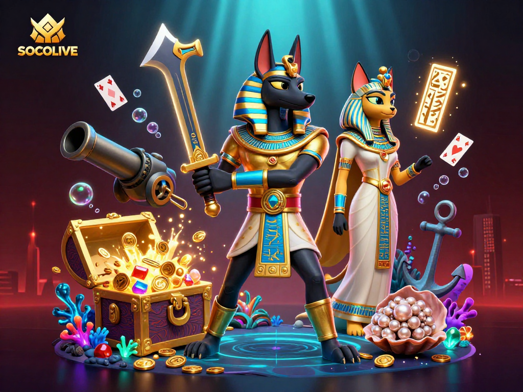 SOCOLIVE engages players with a dynamic scene featuring ancient Egyptian characters and vibrant gambling elements.