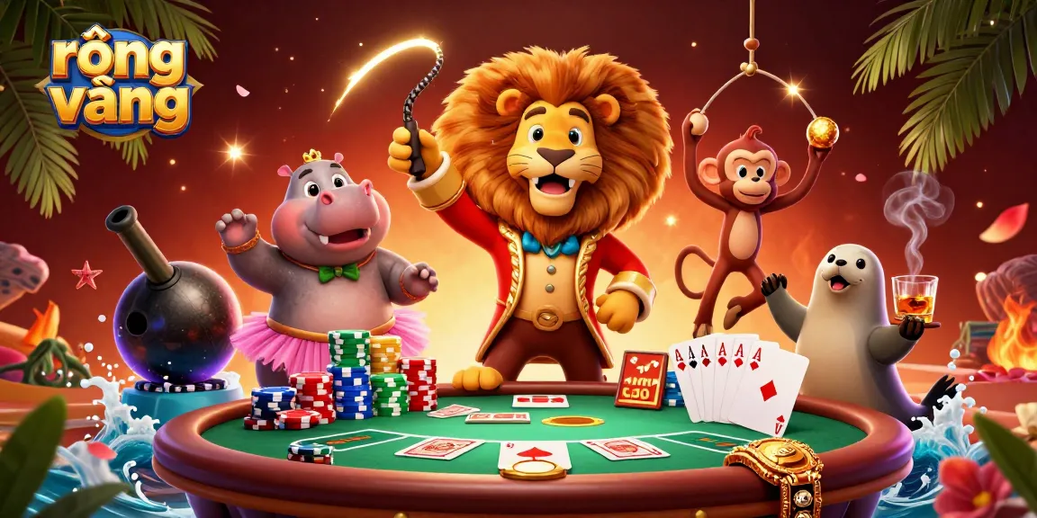 Engage with rồng vàng at a vibrant casino scene featuring a roaring ringmaster, hippo, monkey, and seal.