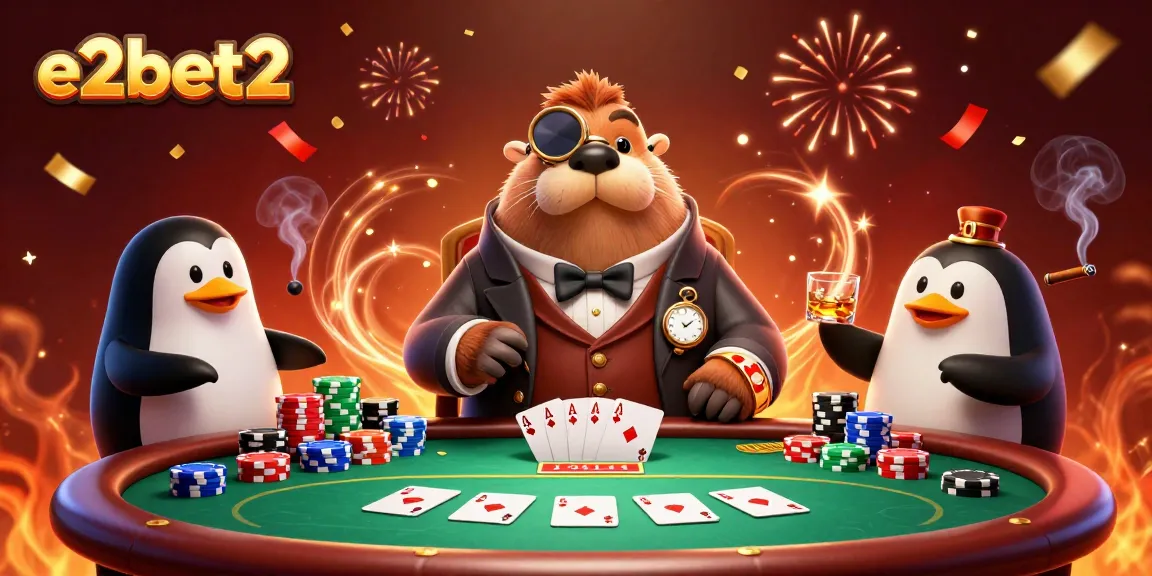 Experience exciting poker action at e2bet2 with a jolly walrus, a sophisticated penguin dealer, and a bluffing pufferfish.