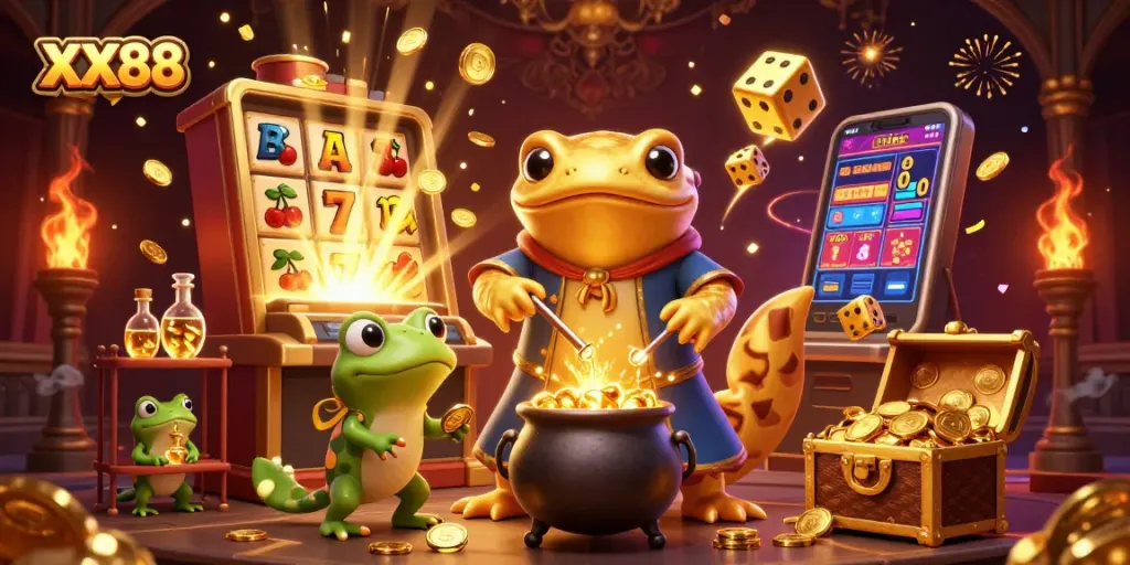Experience the magic of XX88 with a golden salamander alchemist in a vibrant casino scene.