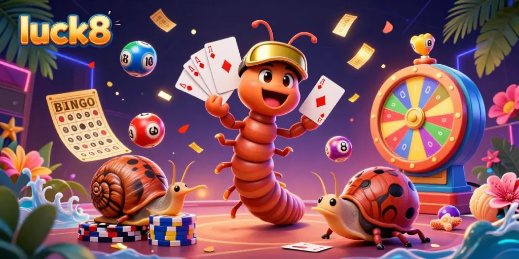 Luck8 casino scene with a cartoon millipede dealer and vibrant lottery elements in 3D.