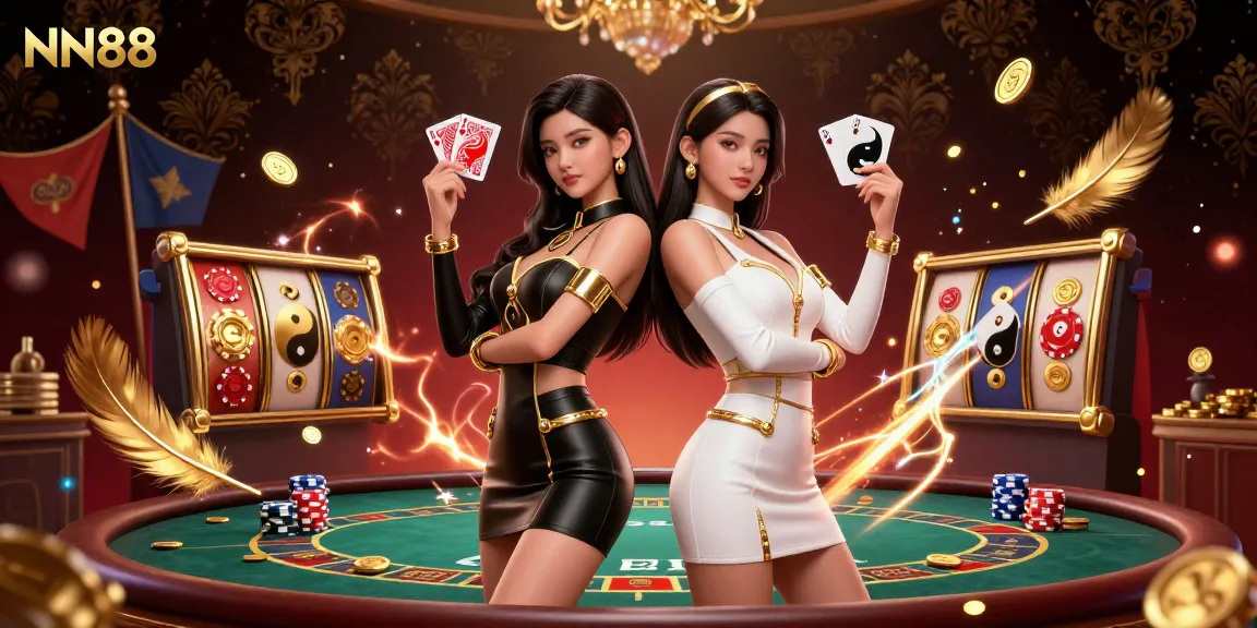 Players enjoy high-stakes poker with NN88 cards in a dynamic, richly detailed casino scene.