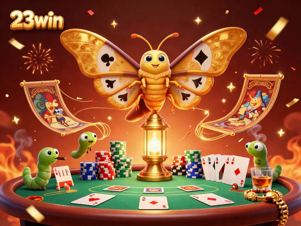 Experience thrilling casino scenes with 23win via a 3D illustration of a majestic atlas moth and vibrant game elements.