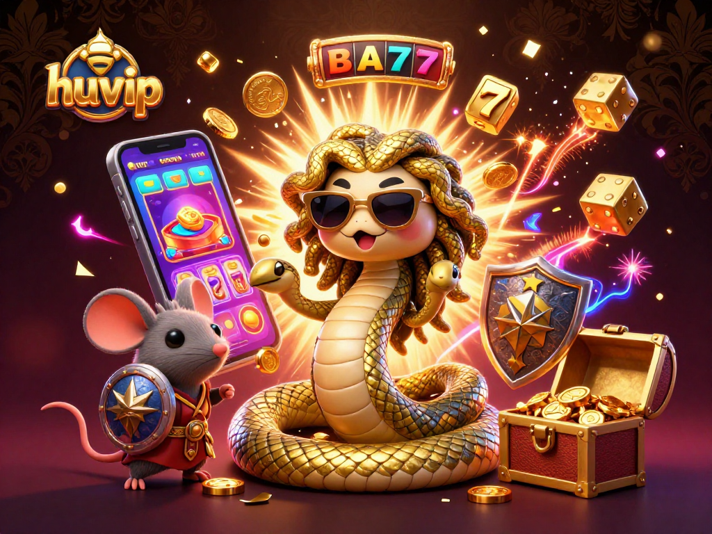 Experience thrilling gameplay at huvip with a vibrant 3D illustration of Medusa and a warrior mouse amidst casino jackpots.