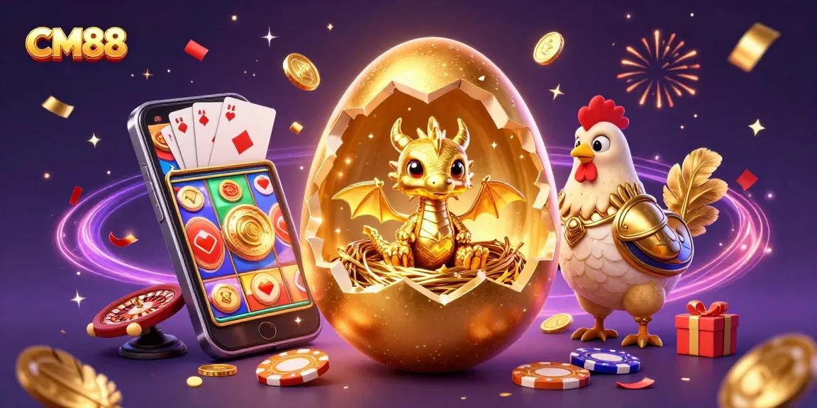 Spin the reels at CM88 as a golden dragon emerges from a nest of poker chips surrounded by colorful games.