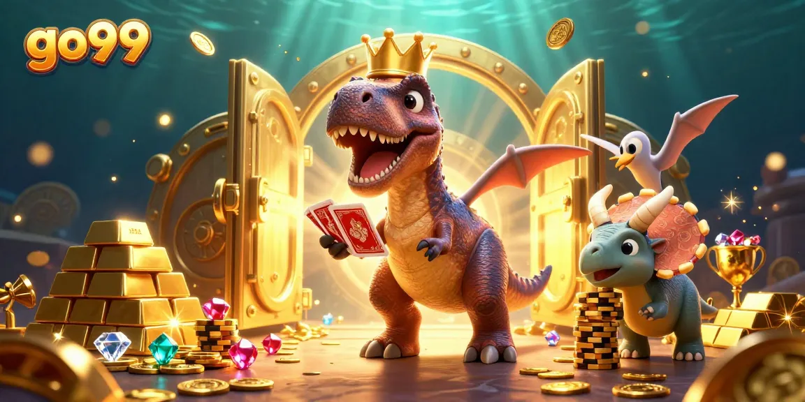 Engage in the go99 casino experience with T-Rex shuffling cards and dinosaur friends stacking chips.