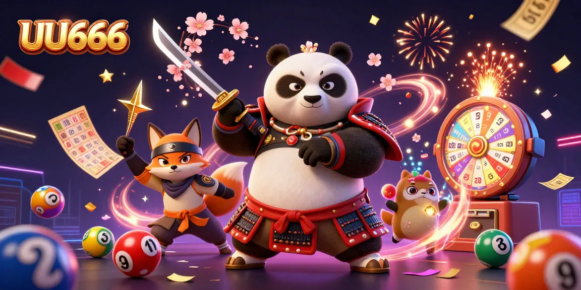 Engage with UU666's thrilling atmosphere as a samurai panda and ninja fox enjoy a lively lottery game.