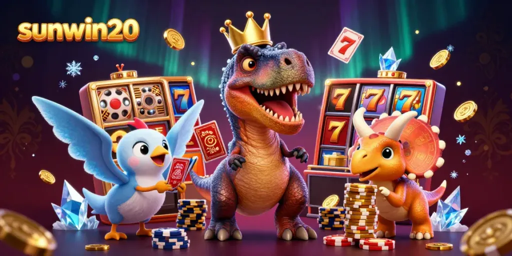 Engage with sunwin20 in this playful casino-themed scene with humorous dinosaur characters, cards, and slot elements.