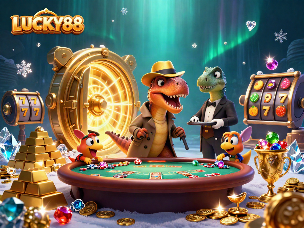 LUCKY88 cartoon velociraptor card counter at blackjack with treasure, coins, and gems