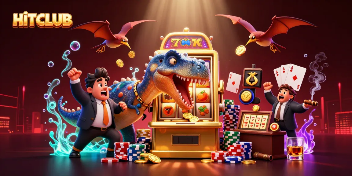 Experience the thrill of HITCLUB as characters celebrate jackpot wins with vibrant animations and casino symbols.