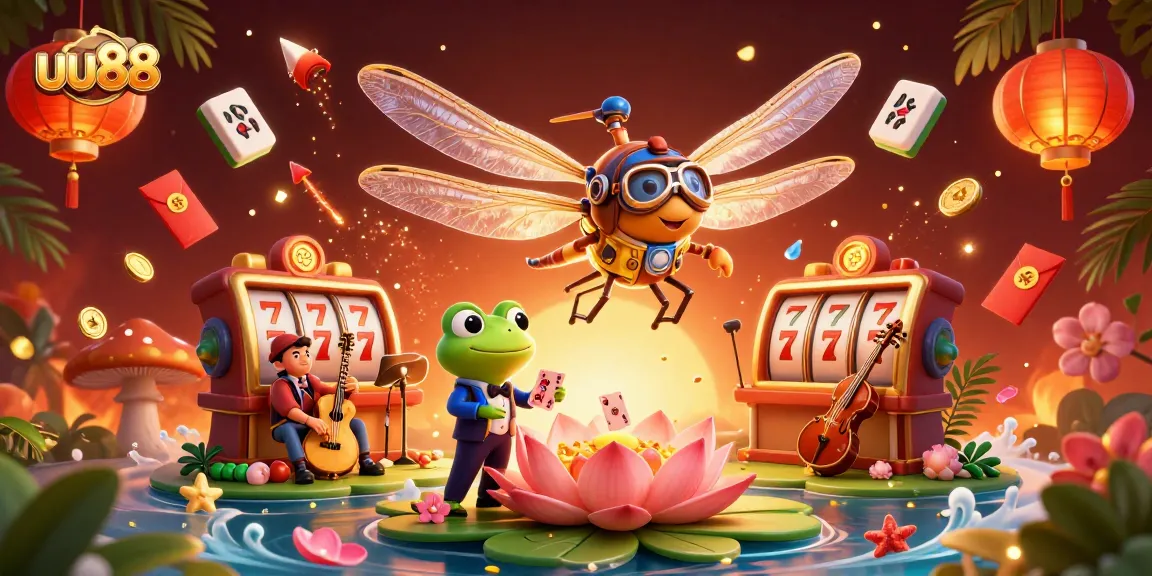 Engage with the dazzling world of uu88 casino gaming featuring a dragonfly pilot and frog croupier.