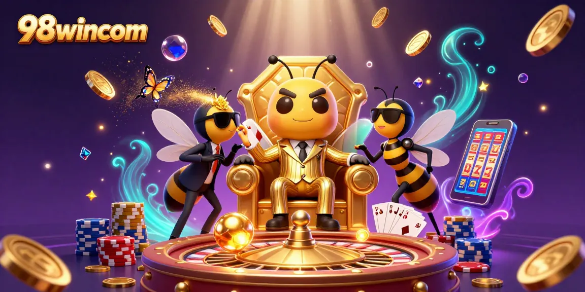 Engage with 98wincom's vibrant casino world featuring a bumblebee mob boss amidst dynamic gaming elements.
