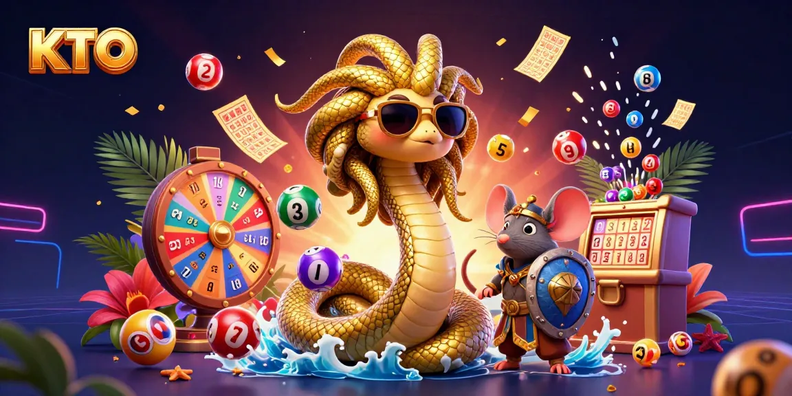 KTO casino illustration showcasing a dynamic scene with Medusa, a warrior mouse, and lottery elements.