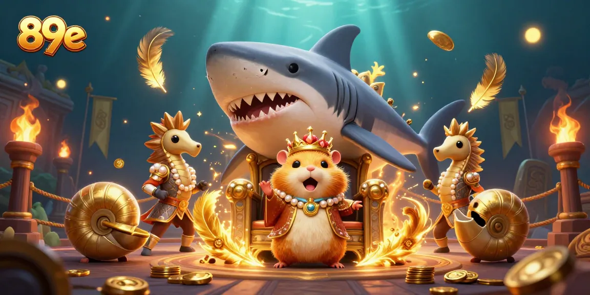 Experience dynamic gaming with 89e featuring a golden hamster king amidst marine elements in a vibrant casino setting.