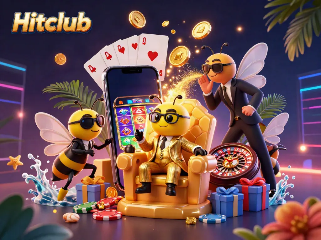 Engage in thrilling gameplay at Hitclub with vibrant slot reels, bumblebee mob boss, and casino elements.