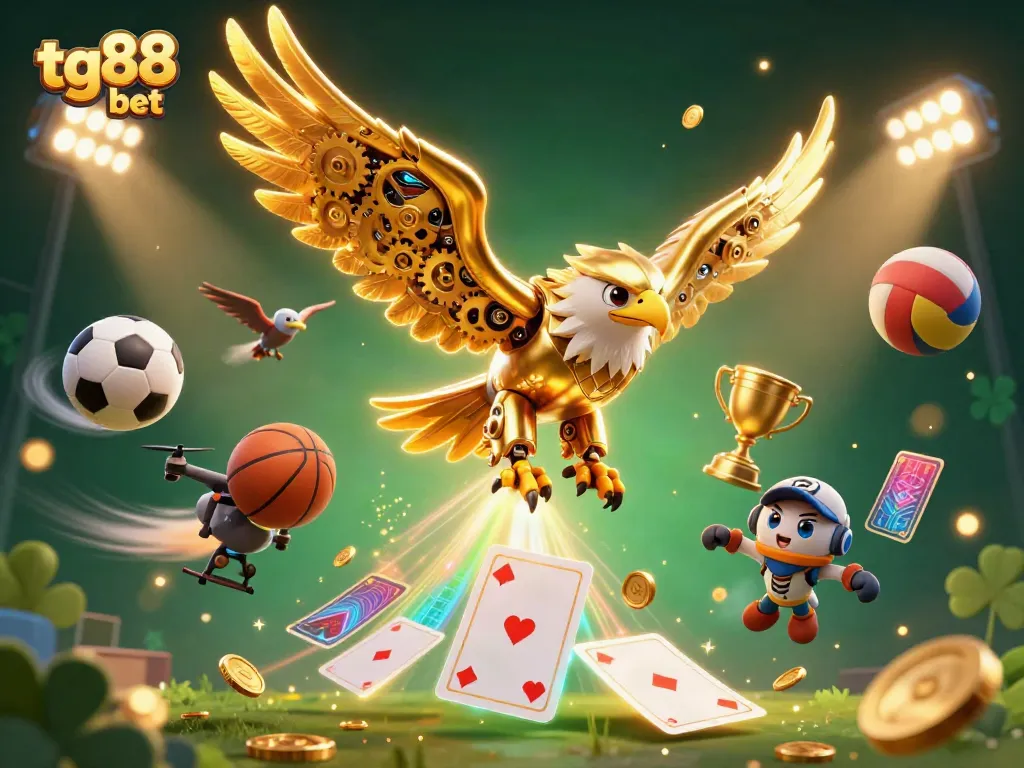 Experience thrilling gameplay at tg88 bet with a 3D cybernetic eagle amidst sports elements, dynamic cards, and glowing showcases.