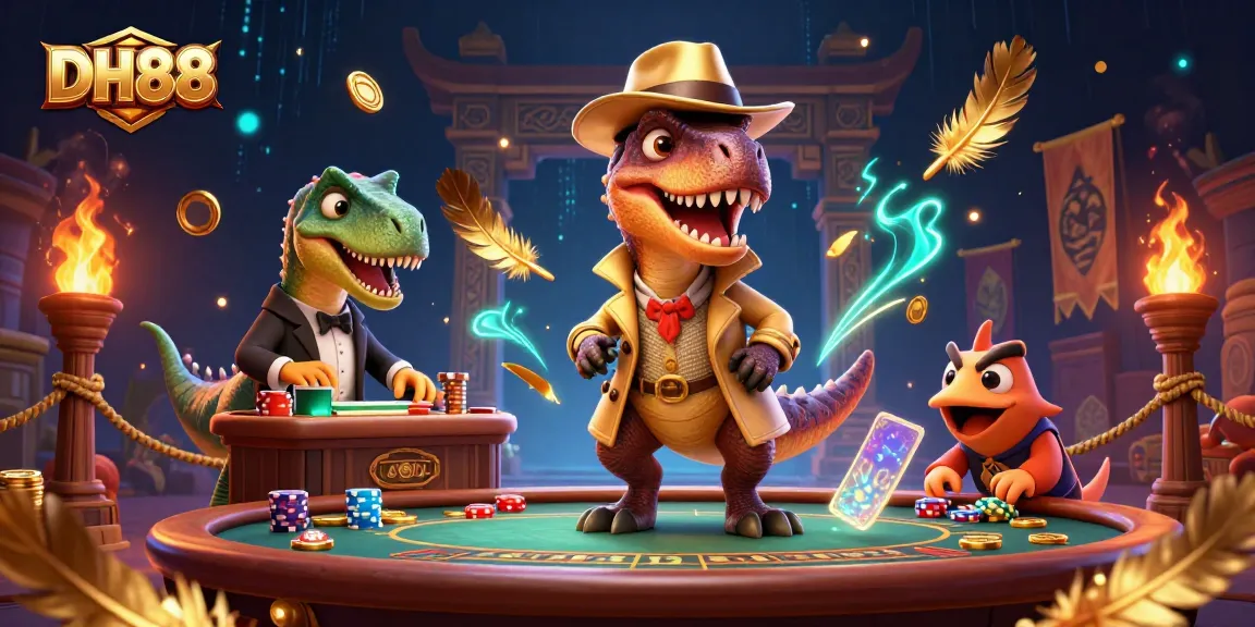 Engaging DH88 scene with a velociraptor card counter and stegosaurus pit boss at a blackjack table.