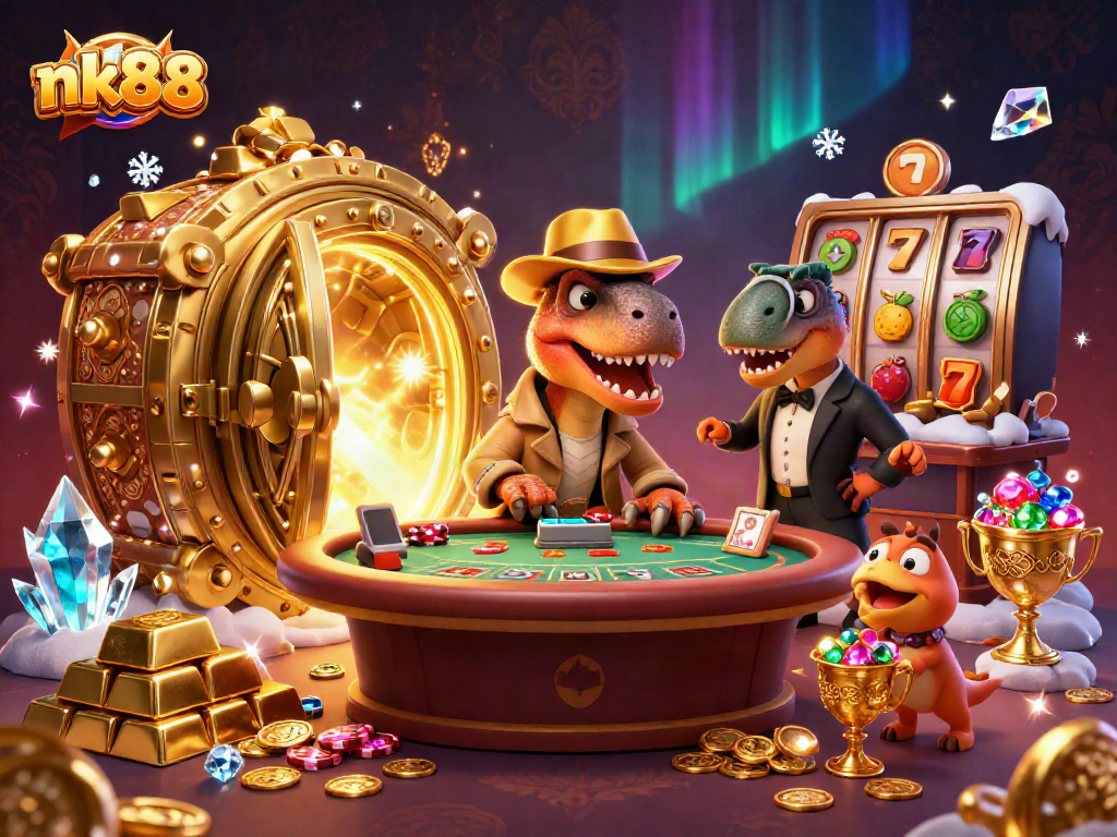 Win big with nk88 as a velociraptor card counter and friends at a lively blackjack table.