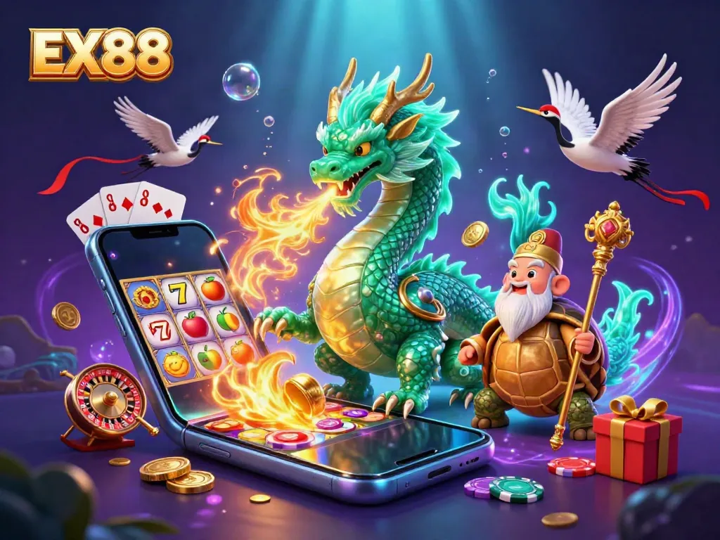 Engage with EX88's thrilling gaming experience featuring vibrant characters and slot elements.