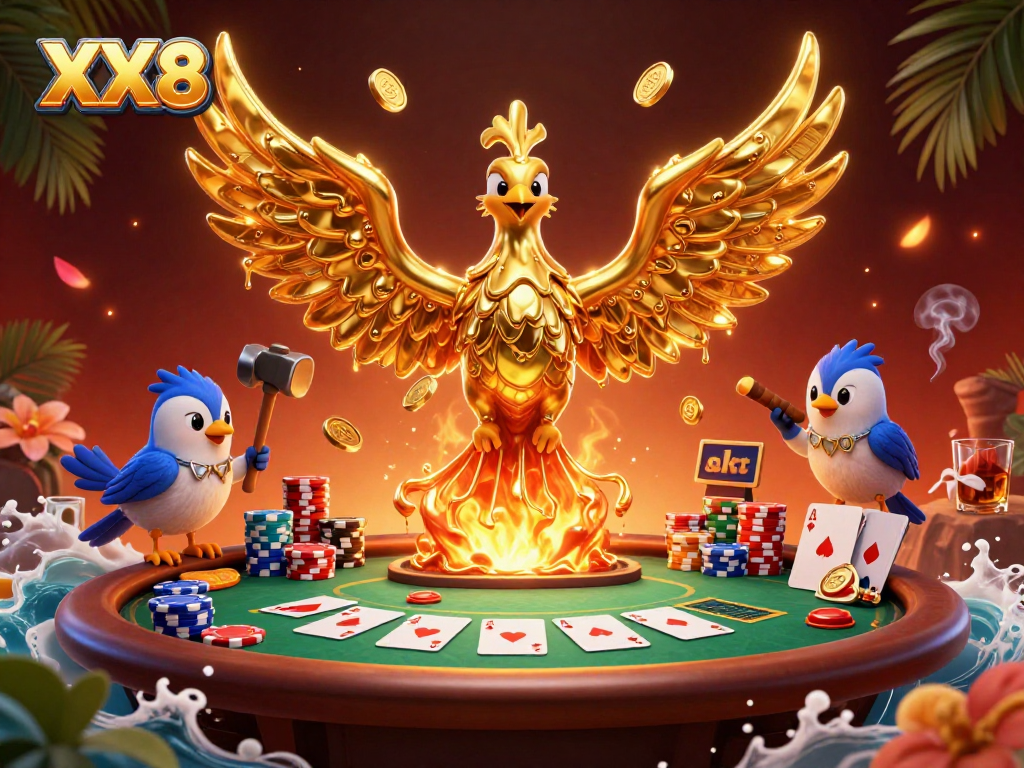 Engage with XX8 as the molten golden phoenix rises over poker chips and cards in a vibrant casino scene.