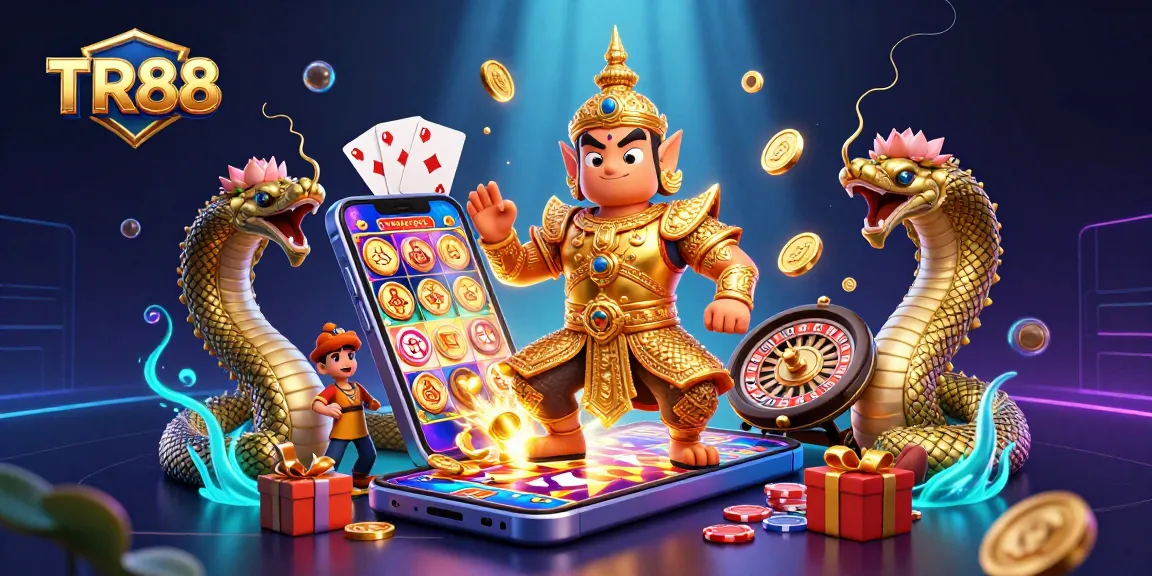 Experience the vibrant TR88 casino atmosphere with a friendly yaksha guardian and interactive gaming elements.