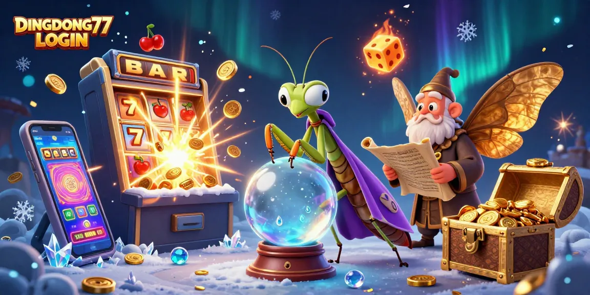 DINGDONG77 LOGIN showcases dynamic action with a 3D praying mantis fortune teller and vibrant casino elements.