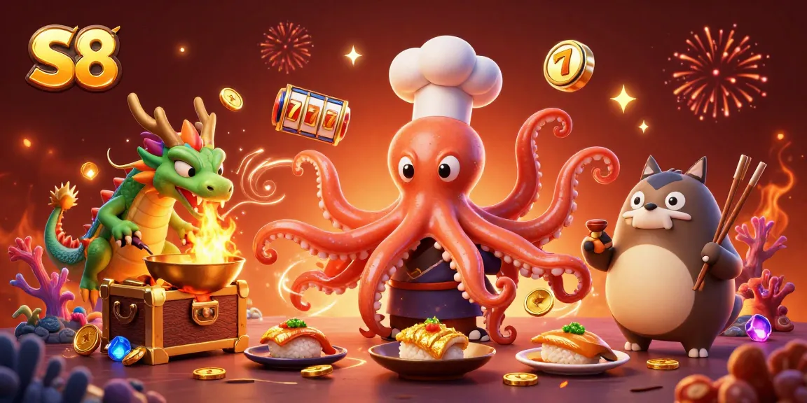 S8 ignites excitement with a 3D illustration of a sushi chef octopus, dragon, and tanuki gaming amidst vibrant slot elements.