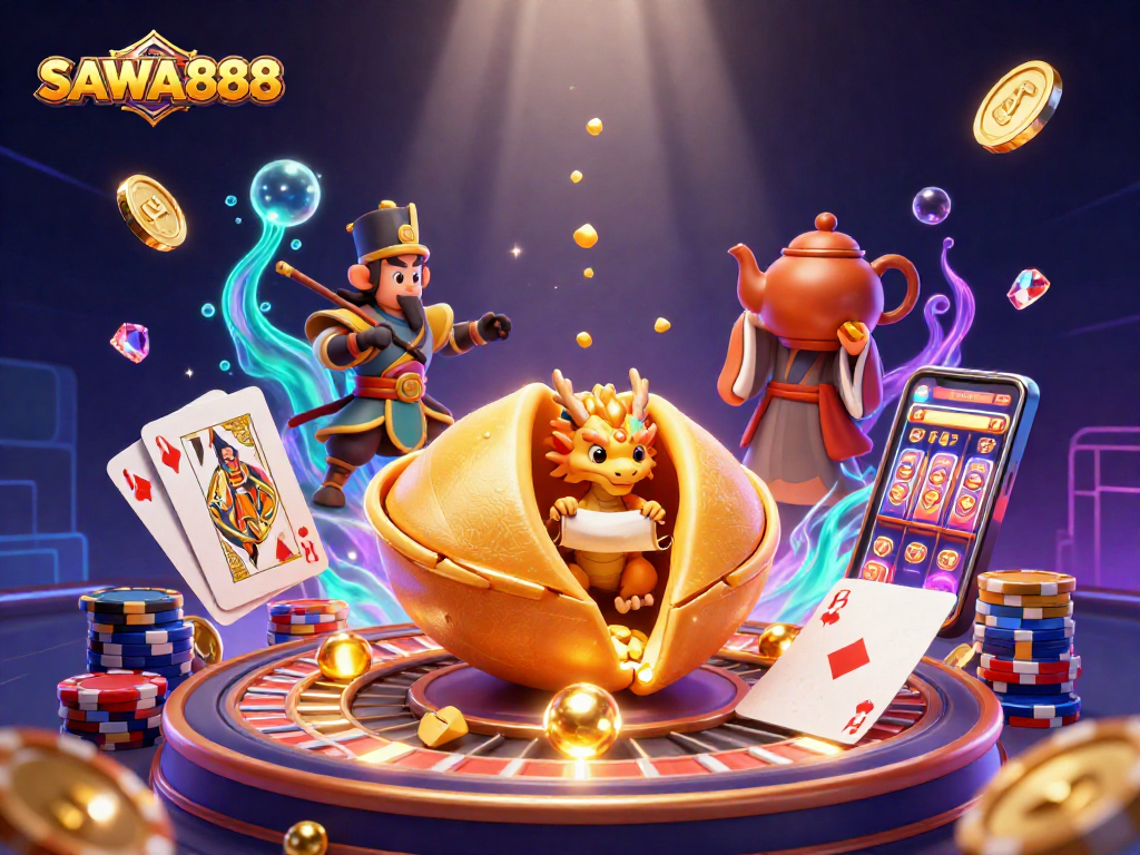 Experience the excitement of SAWA888 with a vibrant 3D illustration showcasing a golden fortune cookie and dynamic casino elements.