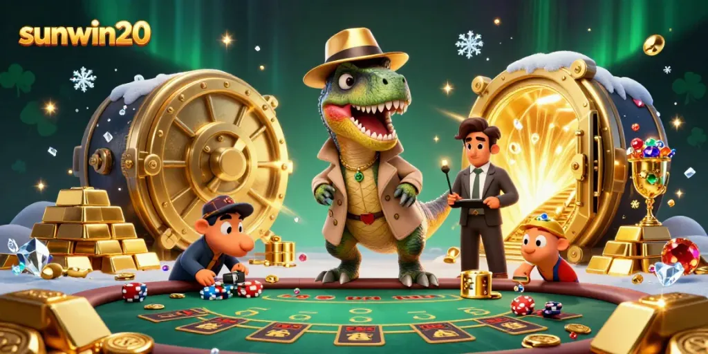 Vibrant scene with velociraptor card counter at a blackjack table showcasing sunwin20 gaming excitement.