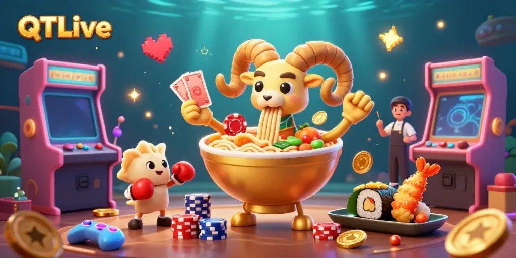 Experience QQLive with vibrant casino-themed characters in this dynamic 3D illustration.