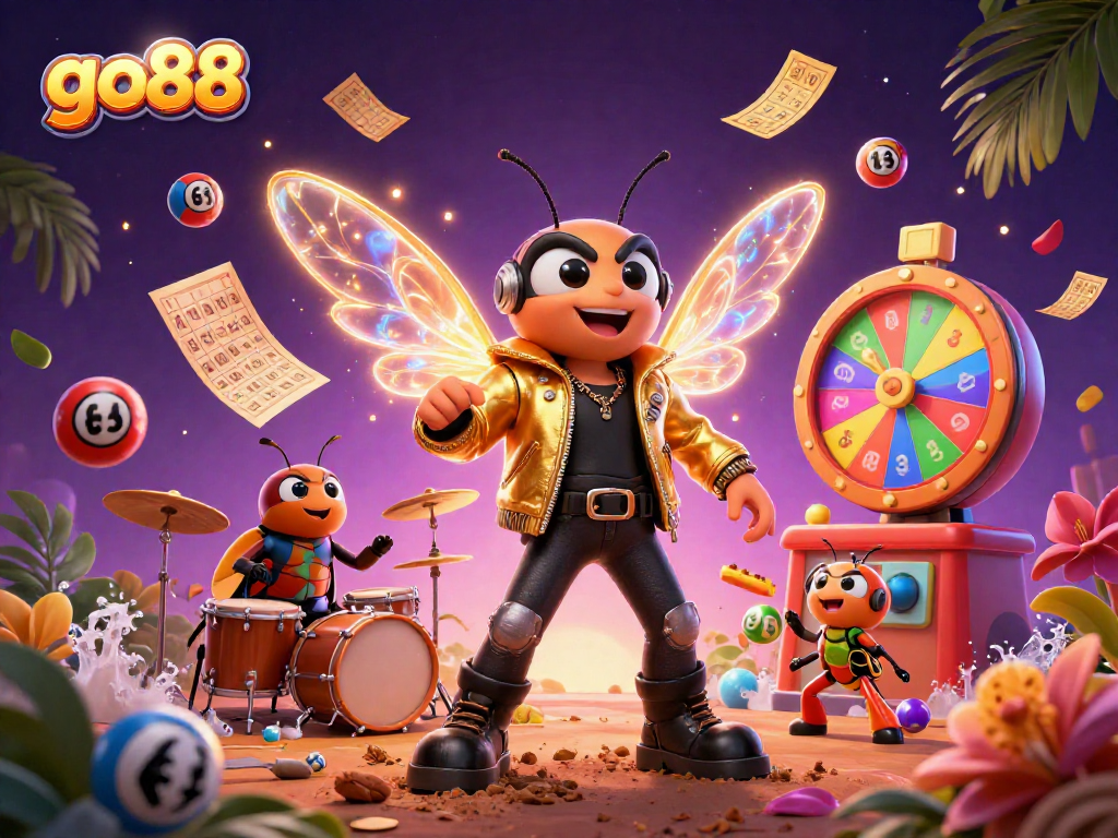 Engage with go88 as epic casino characters celebrate with lottery balls, prize elements, and vibrant colors in a thrilling gaming scene.