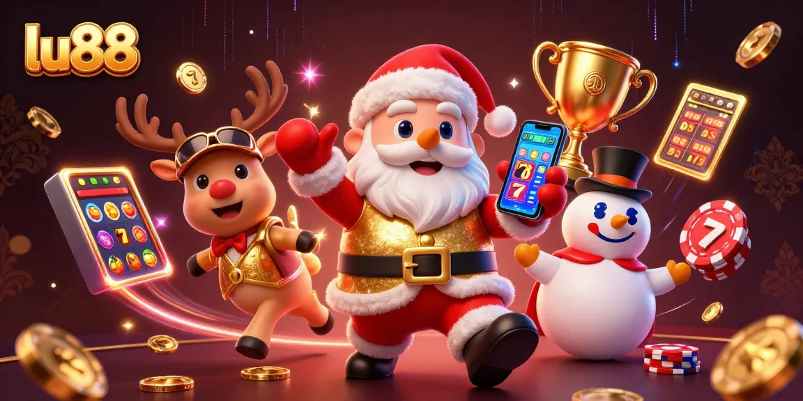 lu88 showcases animated Santa, reindeer, and snowman in a festive casino slots scene.